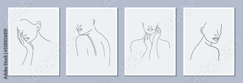 Set of minimalistic female portraits. Linear female bodies, faces. Modern abstract line art style. Vector illustration. 