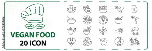 Vegan food and vegetarian salads Well-crafted Vector Thin Line Icons set. Grid for Web Graphics and Apps. Simple Minimal Pictogram