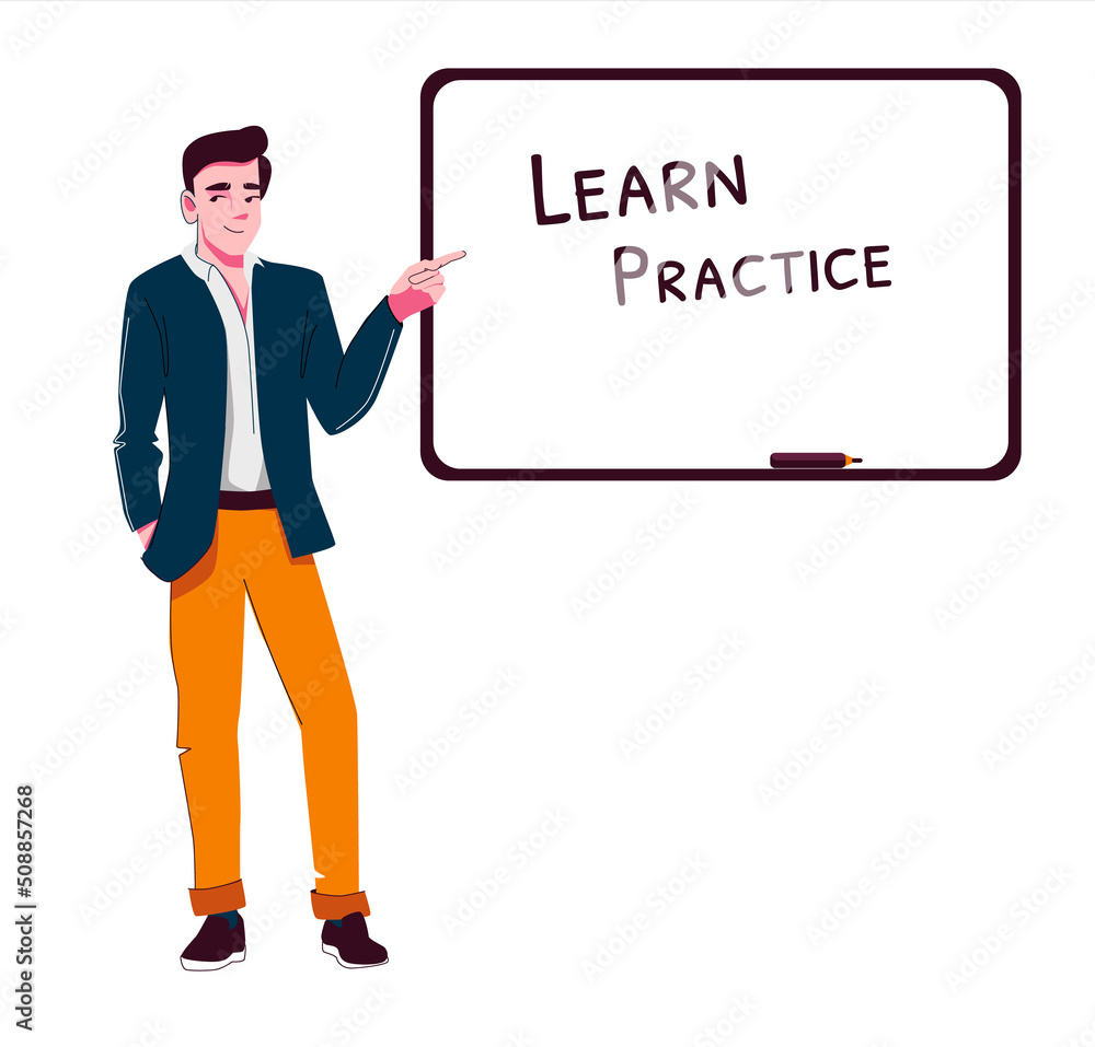 The teacher stands near the board with the inscription learn and practice. Vector illustration isolated on a white background.