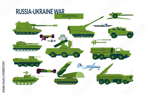 A set of elements for infographics land military equipment involved in the Russian-Ukrainian war. Tanks, air defense systems, howitzers, S300. Vector illustration isolated on a white background.