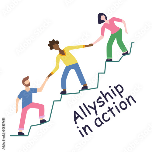 Teamwork of multi-ethnic people working together. Concept of community, unity and solidarity of different people, racial equality. The slogan of Allyship in action. Good for poster, social media, blog
