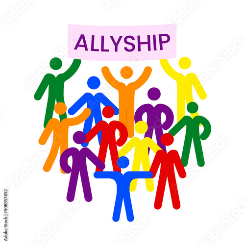 Abstract illustration of multicolor people silhouette. Activism and protest movement. Concept of community, partnership, teamwork, unity of different people, racial equality. The slogan of Allyship
