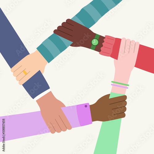 Five hands holding in circle. Concept of community, partnership, teamwork, unity of different people, racial equality. International and multicultural society and population. Vector illustration