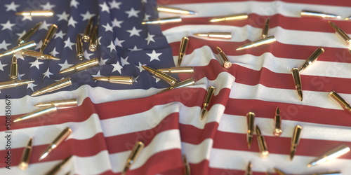 Fototapeta Naklejka Na Ścianę i Meble -  Bullets on the flag of the USA. Firearms regulation or law enforcement related conceptual 3D rendering