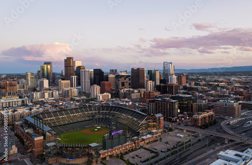 Aerial View of Denver  Colorado at Sunset
