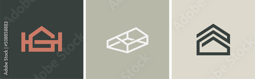 Set of three house vector logos. Linear logo monogram letter H. Vector illustration