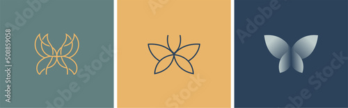Set of three butterfly vector logos. Linear monogram logo. Vector illustration