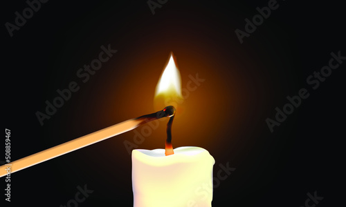 Light a white candle with matches shining on a dark background.vector for illustration design, meditation.