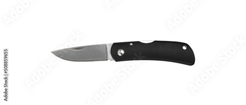 Pocket folding knife isolate on white back. Compact metal sharp knife with a folding blade.