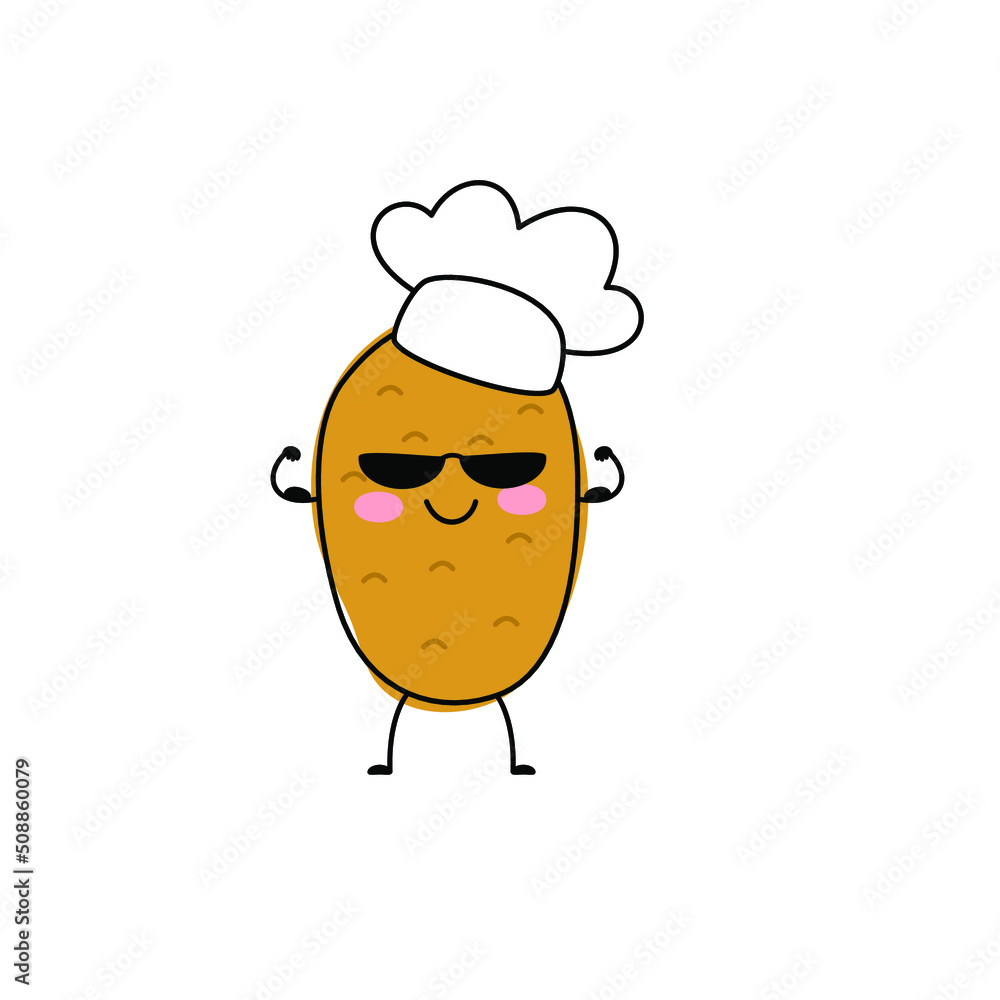 Cute happy potato character chef. Vector flat cartoon character illustration icon. Concept potato farm vegetable. Isolated on white background. Cute happy potato character chef. Vector flat cartoon character illustration icon. Concept potato farm vegetable. Isolated on white background.
