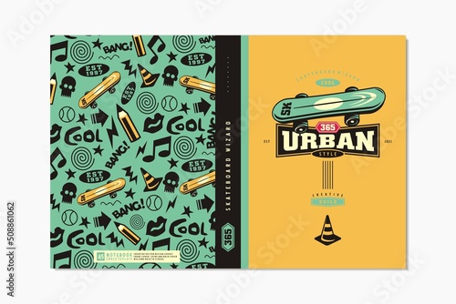 Notebook cover and back cover layout design. Boys notebook with skate board, pencil and doodle drawings. Vector printing template for school books.