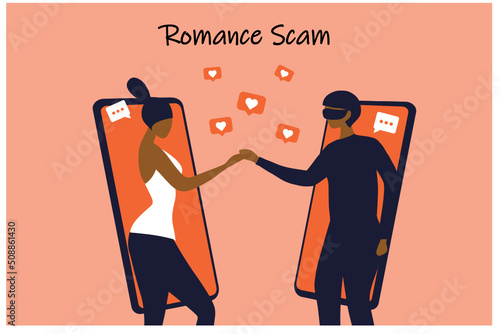 Romance scam, online dating scam, cyber crime concept, woman in love with scammer, hacker chatting online vector illustration