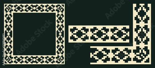 Lacy frame, corner and border with ukrainian embroidery vyshyvanka Pixel or square designed filigree frame for classic ornamental design