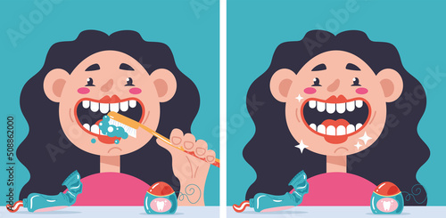 Girl character cleaning teeth concept. Vector flat cartoon design element illustration