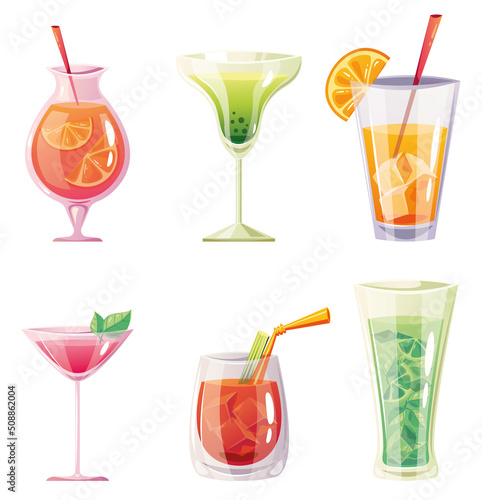 Cocktail alcohol tropical drinks isolated set. Vector flat cartoon design element illustration