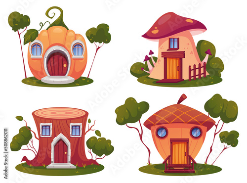 Fantasy little magical elf dwarf houses isolated set. Vector flat graphic design illustration