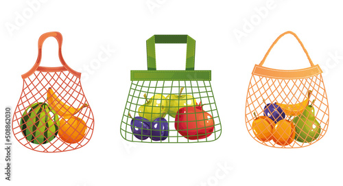 Eco bags full of fruits groceries concept. Vector flat graphic design illustration