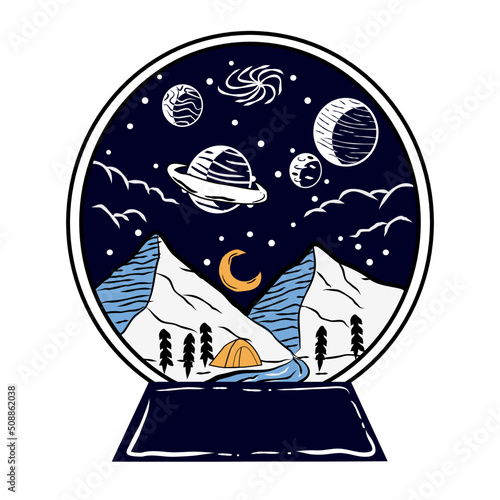 camping ground under mountain with starry sky inside a snowglobe