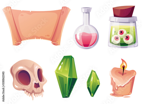 Magic wizard medieval ancient witch tools isolated set. Vector flat graphic design illustration