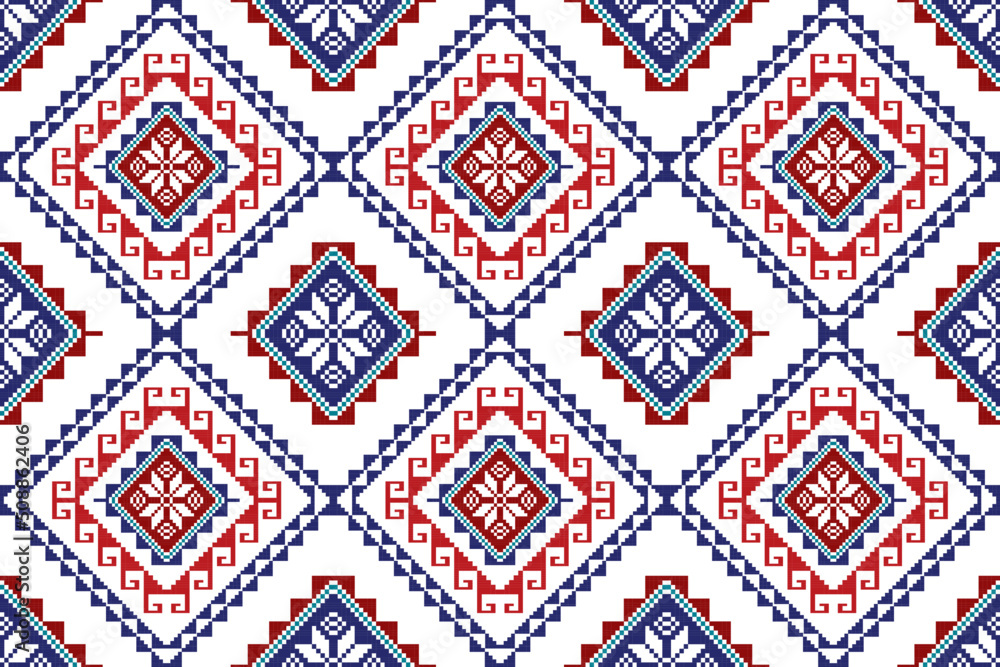 Geometric abstract Ikat ethnic seamless pattern design. Aztec fabric carpet mandala ornaments textile decorations wallpaper. Tribal boho native ethnic turkey traditional embroidery vector background 