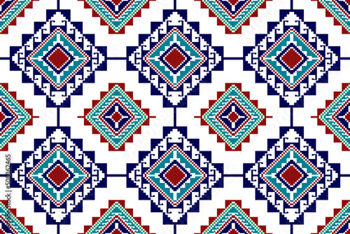 Geometric abstract Ikat ethnic seamless pattern design. Aztec fabric carpet mandala ornaments textile decorations wallpaper. Tribal boho native ethnic turkey traditional embroidery vector background 