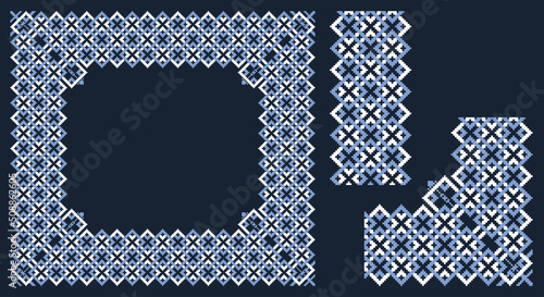 Lacy frame, corner and border with ukrainian embroidery vyshyvanka Pixel or square designed filigree frame for classic ornamental design