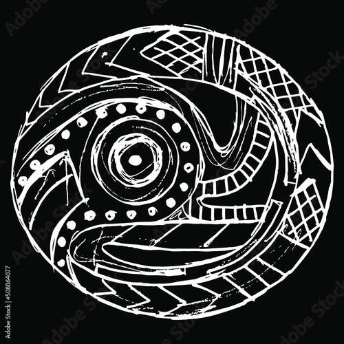 Ethnic Native American design. Fantastic animal in oval shape. Mississippian culture. Hand drawn linear doodle rough sketch. White silhouette on black background. photo