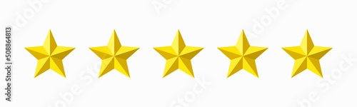 Five stars rating icon. Five stars customer product rating review icon for apps and websites, mobile applications. Premium quality concept. Golden stars. 3d Vector