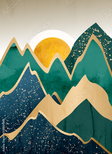 Modern art print with mountains and hills in gold, blue and green. Abstract landscape background in watercolor style for interior design decoration, wallpaper, poster