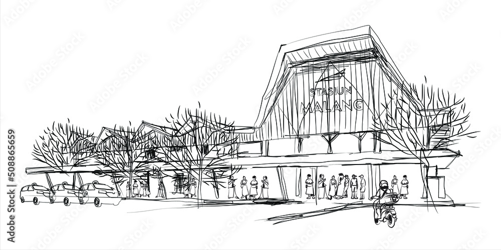 Freehand sketch of Malang city train station, East Java, Indonesia. vector illustration