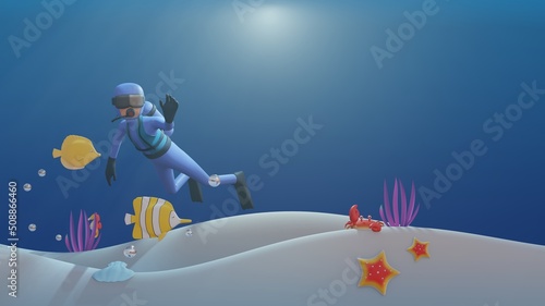 World Ocean day banner template with 3d render scuba diver