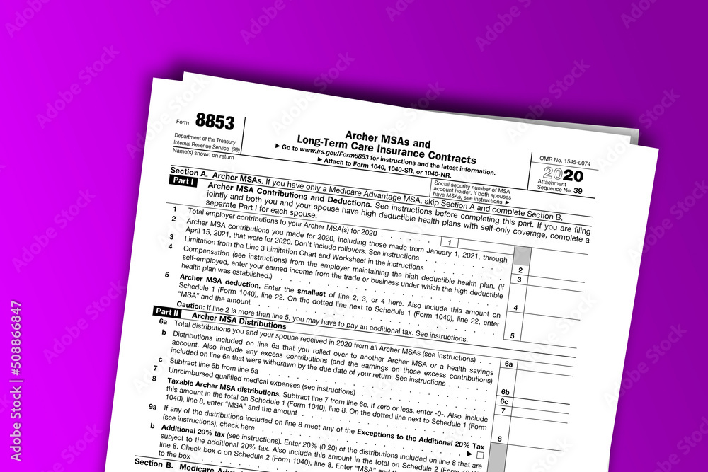 Fototapeta premium Form 8853 documentation published IRS USA 43873. American tax document on colored