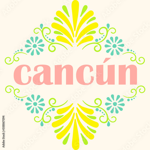 Cancun city in spanish text surrounded by floral motifs on ivory square tile