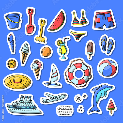 Vector hand drawn summer doodle color sticker set. Collection includes shell, swimming trunks, bikini, eskimo, beach ball, hat, cruise ship, cruise, lifebuoy elements