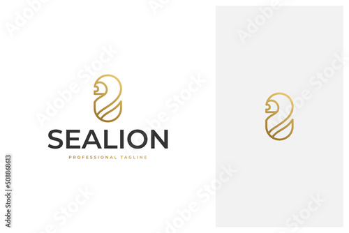 simple minimal elegant luxury sea lion vector logo design in line art outline style with gold color