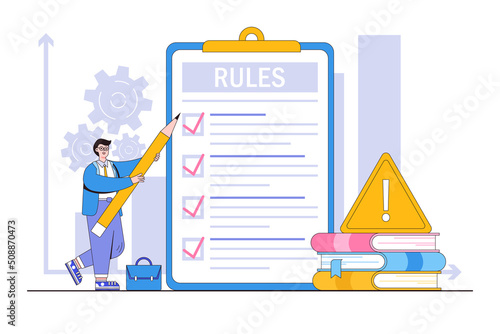 Rules and regulations, employee policies and guidelines, legal term, corporate compliance or laws, standard procedure concepts. Businessman studying list of rules, reading guidance, making checklist