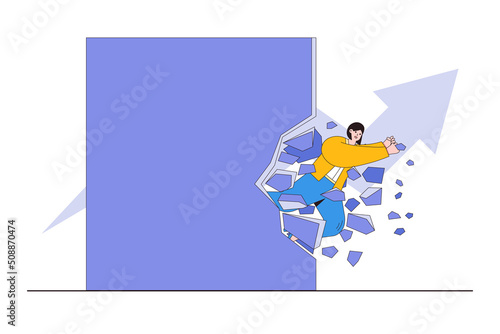 Gender barrier, women career obstacle or inequity, limitation or discrimination, effort to overcome problem concepts. Strong businesswoman try with full effort to break the wall to growing in work