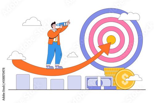Finding purpose, objective and motivation to achieve goal, existential crisis to discover life meaning, challenge to define business target. Businessman looking for opportunities with binoculars