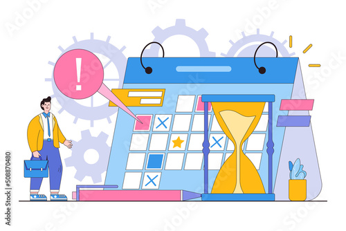 Important business date, reminder for meeting schedule or appointment, job deadline mark or weekly plan concepts. Businessman standing next to giant calendar full of tasks, goals and events