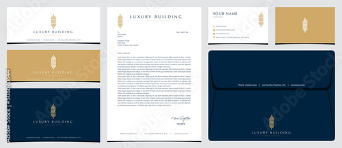 Luxury building logo with initial MR with stationery, business card and social media banner designs