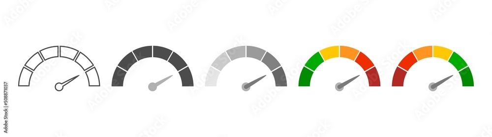 Meter scale with arrow. The measuring device icons set. Sign tachometer, speedometer, indicators. Illustration in flat style. Infographic gauge elements - obrazy, fototapety, plakaty 