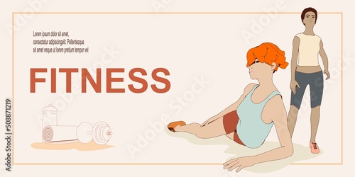 Two biracial fitness women. Sport banner. Young women wearing workout clothes. Sport fashion girl outline in urban casual style.