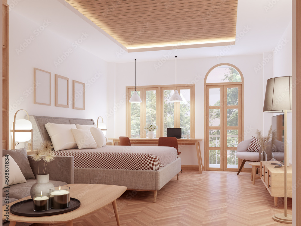 Fototapeta premium Modern design comtemporary bedroom with nature view 3d render The Rooms have wooden floors ,decorated with brown fabric furniture Overlooking a small balcony outside.