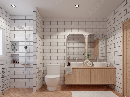 Fototapeta Naklejka Na Ścianę i Meble -  Modern style white bathroom with brick pattern tile wall 3d render,There are wooden floor decorated with wooden sink counter