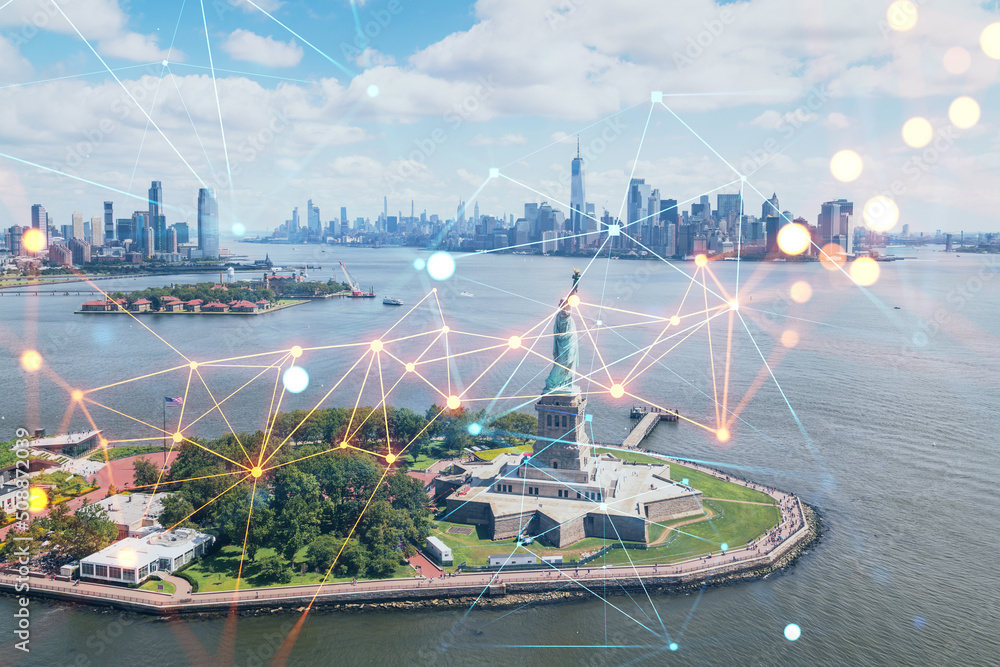 Fototapeta premium Aerial panoramic helicopter city view of Lower Manhattan, Downtown, New York, New Jersey, and Statue of Liberty. Social media hologram. Concept of networking and establishing new people connections