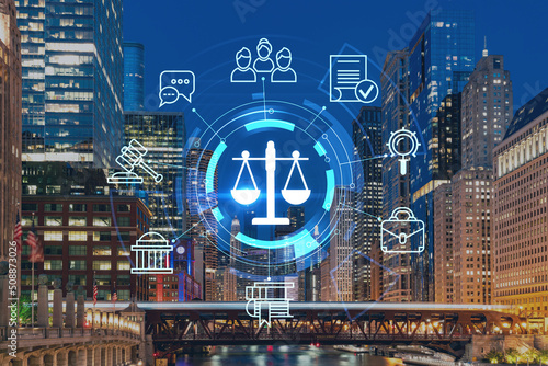 Panorama cityscape of Chicago downtown and Riverwalk, boardwalk with bridges, night time, Chicago, Illinois, USA. Legal icons hologram. The concept of law, order, regulations and digital justice