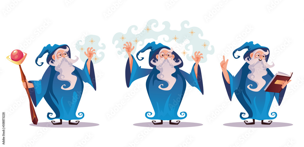 Fototapeta premium Wizard magician character isolated set. Vector flat cartoon graphic design illustration