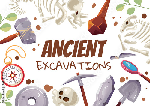 Ancient excavation stone age civilization dinosaur banner background concept. Vector cartoon graphic design illustration