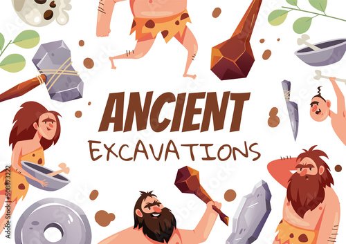 Ancient excavation stone age civilization dinosaur banner background concept. Vector cartoon graphic design illustration