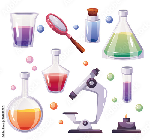 Laboratory medical experiment tools isolated set. Vector flat cartoon graphic design illustration